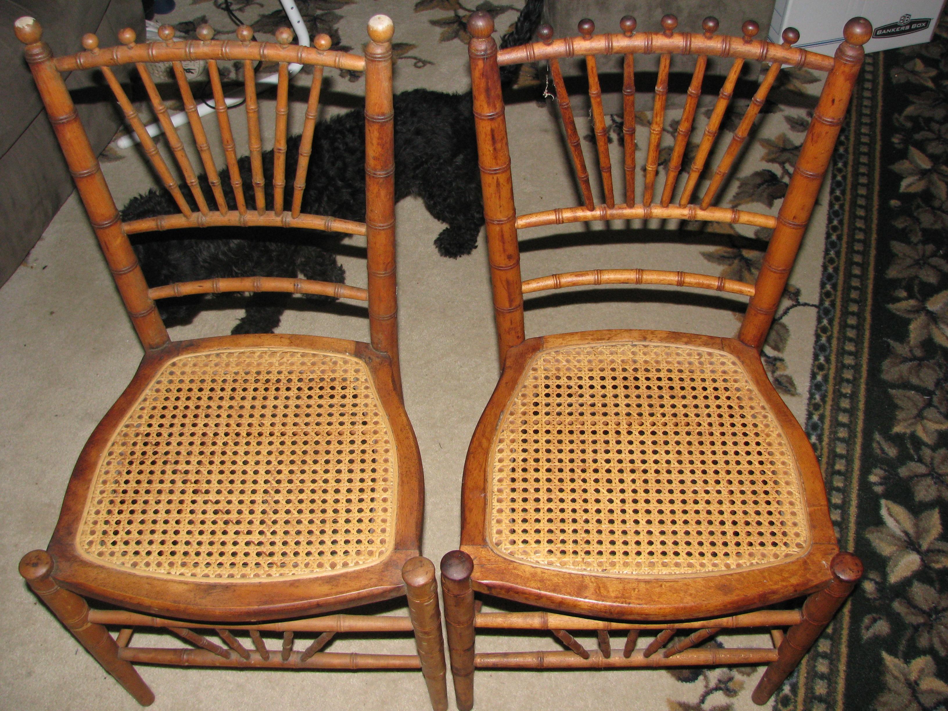 2 Antique or Vintage Faux Bamboo Chairs With Pressed Cain Seats